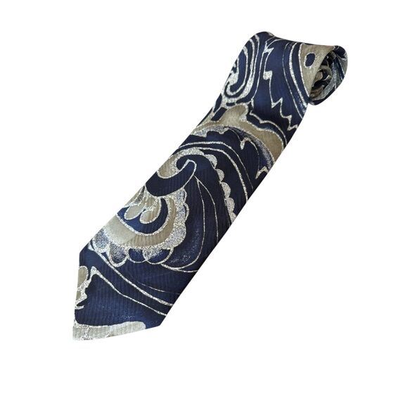 Stefano‎ Enrici Navy and Tan Paisley Silk Jacquard Tie (Handmade in Italy) - Picture 1 of 8